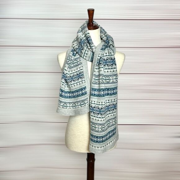 J.Mclaughlin Arthur Wool Knit Long Scarf Gray Blue White Fair Isle Pattern - Picture 5 of 8